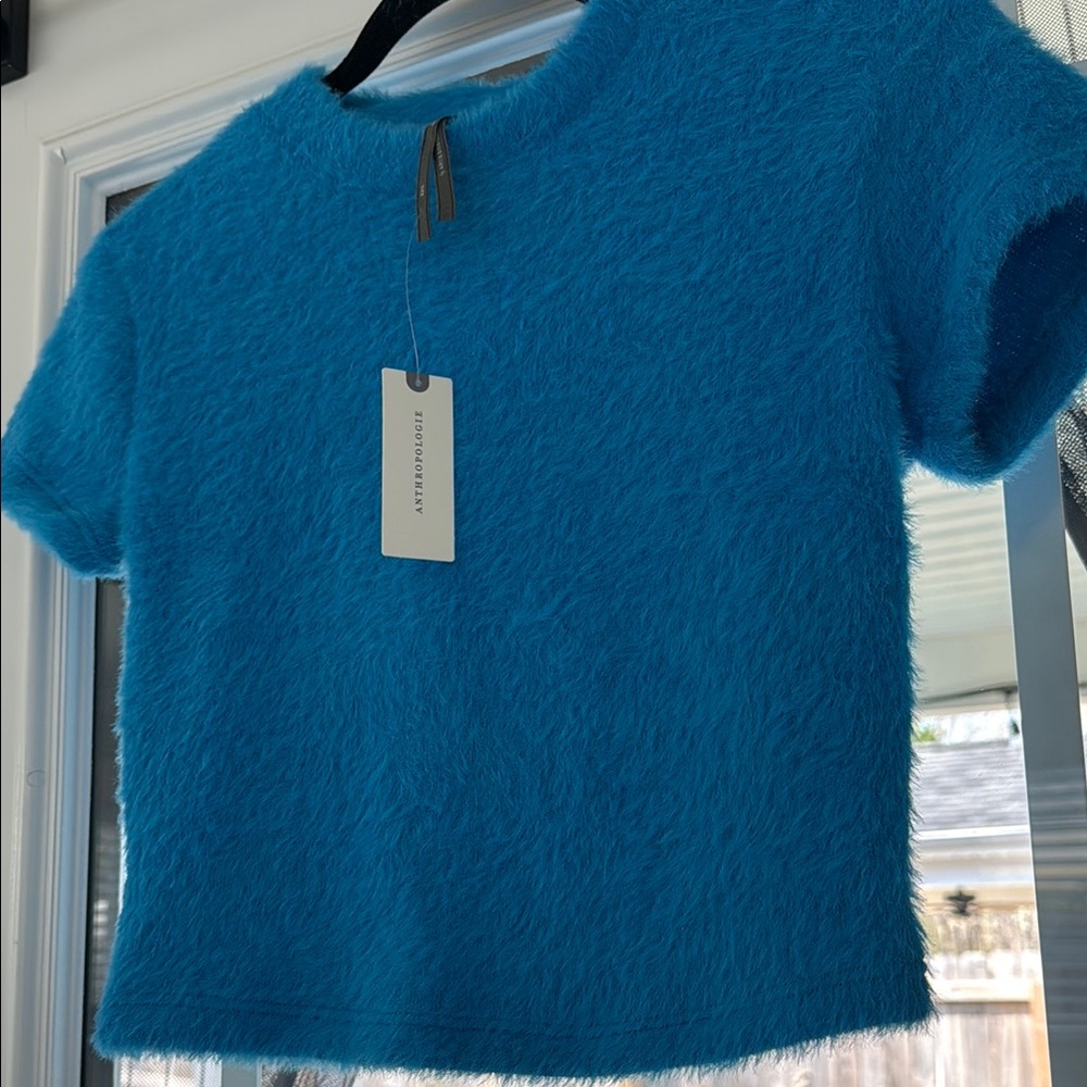 Blue Fuzzy Short Sleeve Top